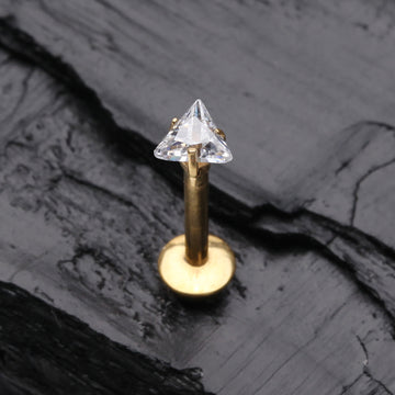 Detail View 1 of Golden Triangle Gem Sparkle Prong Set Top Internally Threaded Steel Labret-Clear Gem